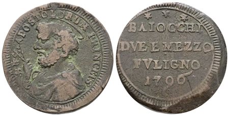STATO PONTIFICIO. FOLIGNO. Pio VI (1775-1799). Sampietrino da 2,5 baiocchi 1796. Cu; 16,9gr; Munt.327; MIR 2933/1; RR; Q.BB