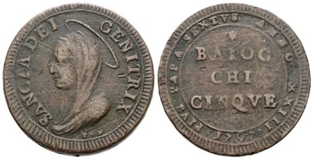 STATO PONTIFICIO. ROMA. Pio VI (1775-1799). Madonnina da 5 baiocchi 1797. Cu; 16,9gr; Munt.94; MIR 2798/1; BB, graffietti.