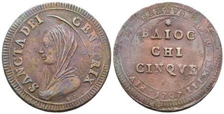 STATO PONTIFICIO. ROMA. Pio VI (1775-1799). Madonnina da 5 baiocchi 1797. Cu; 16,9gr; Munt.94; MIR 2798/1; BB/SPL