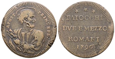 STATO PONTIFICIO. ROMA. Pio VI (1775-1799). Sampietrino da 2,5 baiocchi 1796. Cu; 16,9gr; Munt.98; MIR 2796/1; NC; BB