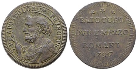 STATO PONTIFICIO. ROMA. Pio VI (1775-1799). Sampietrino da 2,5 baiocchi 1796. Cu; 16,9gr; Munt.99; MIR 2797/1; BB+