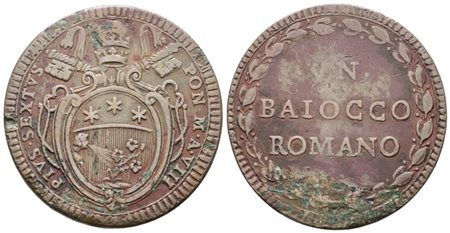 STATO PONTIFICIO. ROMA. Pio VI (1775-1799). Baiocco anno VIII. Cu; 13gr; Munt.126; MIR 2792/1; Raro; BB, ossidazioni.