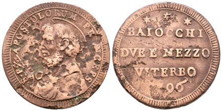 STATO PONTIFICIO. VITERBO. Pio VI (1775-1799). Sampietrino 2,5 baiocchi 1796. Cu; 16,9gr; Munt.426; MIR 3021/1; Raro; Q.BB, mancanze di metallo.