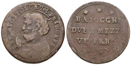 STATO PONTIFICIO. VITERBO. Pio VI (1775-1799). Sampietrino da 2,5 baiocchi 1797. Cu; 16,9gr; Munt.425; MIR 3021/2; MB/BB