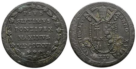 STATO PONTIFICIO. BOLOGNA. Pio VII (1800-1823). Mezzo baiocco 1816 Anno XVI. Cu; 6gr; Gig.66; BB+