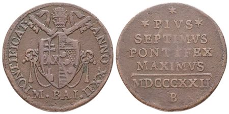 STATO PONTIFICIO. BOLOGNA. Pio VII (1800-1823). 1/2 Baiocco 1822. Cu; Gig.68; RR; BB