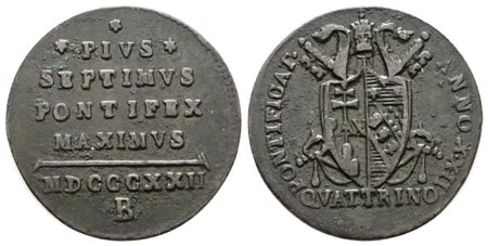 STATO PONTIFICIO. BOLOGNA. Pio VII (1800-1823). Quattrino 1822. Cu; 2,37gr; Gig.77; BB+