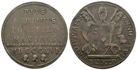 STATO PONTIFICIO. ROMA. Pio VII (1800-1823). Baiocco 1816 A.XVII. Cu; 12gr; Gig.56; RR; Q.BB