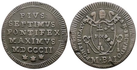 STATO PONTIFICIO. ROMA. Pio VII (1800-1823). Mezzo baiocco 1802. Cu; 6gr; Gig.62; BB+