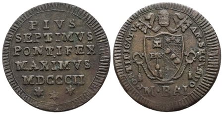 STATO PONTIFICIO. ROMA. Pio VII (1800-1823). Mezzo baiocco 1802. Cu; 6gr; Gig.62; BB+