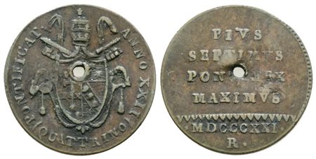 STATO PONTIFICIO. ROMA. Pio VII (1800-1823). Quattrino 1821. Gig.79; Cu; 2,4gr. Raro. Foro centrale. BB
