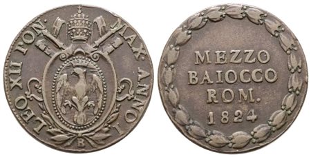 STATO PONTIFICIO. BOLOGNA. Leone XII (1823-1829). Mezzo Baiocco 1824. Cu; 6,59gr; Gig.11; BB+