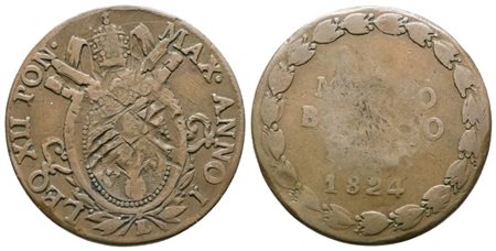 STATO PONTIFICIO. BOLOGNA. Leone XII (1823-1829). Mezzo baiocco 1824. Gig.11; Cu; 5,93gr.. MB