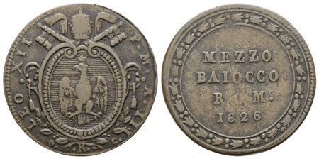 STATO PONTIFICIO. ROMA. Leone XII (1823-1829). Mezzo Baiocco 1826. Cu; 6,59gr; Gig. 13; BB