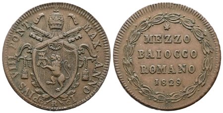 STATO PONTIFICIO. ROMA. Pio VIII (1829-1830). Mezzo Baiocco 1829. Cu; 6,59gr; Gig.5; Raro; SPL