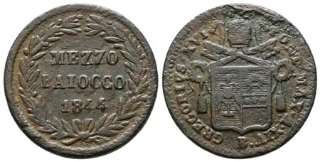 STATO PONTIFICIO. BOLOGNA. Gregorio XVI (1831-1846). 1/2 Baiocco 1844. Pag. 288. CU. BB