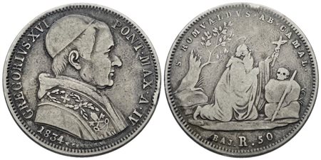 STATO PONTIFICIO. ROMA. Gregorio XVI (1831-1846). 50 baiocchi 1834. Ag; 13,21gr; Gig.84; MB, ex mount