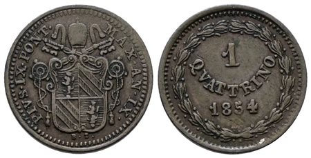 STATO PONTIFICIO. BOLOGNA. Pio IX(1846-1870). Quattrino 1854. Cu; 2gr; Gig.256a; Raro; BB+