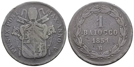 STATO PONTIFICIO. BOLOGNA. Pio IX(1846-1870). Baiocco 1851 anno V. Cu; 10gr; Gig.229; Raro; MB