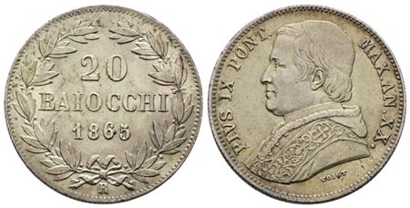 STATO PONTIFICIO. ROMA. Pio IX (1846-1870). 20 Baiocchi 1865. An XX .Munt.18a. Ag. 5,35gr. SPL