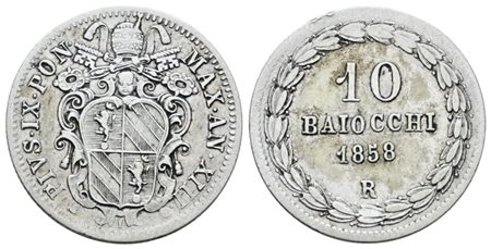 STATO PONTIFICIO. ROMA. Pio IX (1846-1870). 10 baiocchi 1858 anno XIII. Ag; 2,89gr; Gig.126; BB