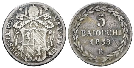 STATO PONTIFICIO. ROMA. Pio IX (1846-1870). 5 baiocchi 1858 anno XIII. Ag; 1,43gr; Gig.154; BB