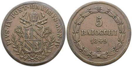 STATO PONTIFICIO. ROMA. Pio IX (1846-1870). 5 baiocchi 1849 anno IV. Cu; 42gr; Gig.166; BB/SPL