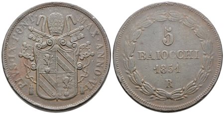 STATO PONTIFICIO. ROMA. Pio IX (1846-1870). 5 baiocchi 1851 anno VI. Cu; 42gr; Gig.176; BB+