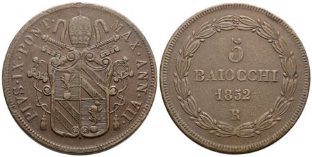 STATO PONTIFICIO. ROMA. Pio IX (1846-1870). 5 baiocchi 1852 anno VII. Cu; 42gr; Gig.180; BB/SPL