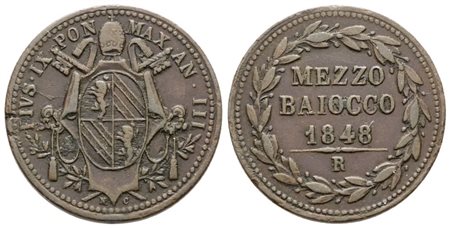 STATO PONTIFICIO. ROMA. Pio IX(1846-1870). Mezzo baiocco 1848 anno III. Cu; 5gr; Gig.239; Raro; BB+