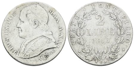 STATO PONTIFICIO. ROMA. Pio IX(1846-1870). 2 lire 1866 anno XXI, busto grande. Ag; 10gr; Gig.286bis; Raro; Q.BB