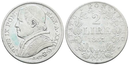 STATO PONTIFICIO. ROMA. Pio IX(1846-1870). 2 lire 1867 anno XXII. Ag; 10gr; Gig.287; BB/SPL