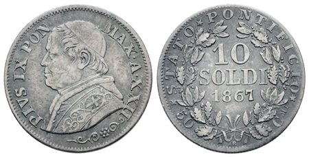 STATO PONTIFICIO. ROMA. Pio IX(1846-1870). 10 soldi 1867 anno XXII. Ag; 2,5gr; Gig.307; BB/SPL