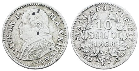 STATO PONTIFICIO. ROMA. Pio IX(1846-1870). 10 soldi 1868 anno XXIII. Ag; 2,5gr; Gig.309; BB