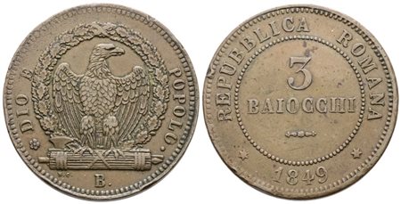 REPUBBLICA ROMANA. BOLOGNA (1849-1849). 3 baiocchi 1849. Cu; 25gr; Gig.8; BB+, colpetti al bordo.
