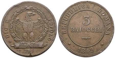 REPUBBLICA ROMANA. ROMA (1849-1849). 3 baiocchi 1849. Cu; 25gr; Gig.7; BB+, colpo al bordo.