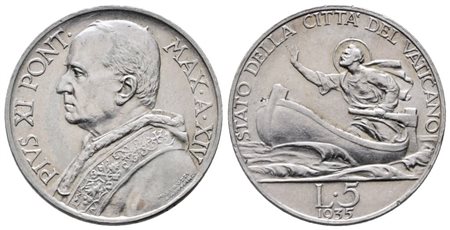 VATICANO. Pio XI (1929-1938). 5 lire 1935. Gig. 26; Ag; 5gr. SPL