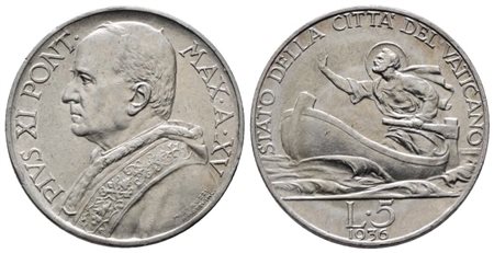 VATICANO. Pio XI (1929-1938). 5 lire 1936. Gig. 27; Ag; 5gr. SPL+