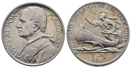 VATICANO. Pio XI (1929-1938). 5 lire 1937. Gig. 28; Ag; 5gr. SPL+