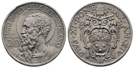 VATICANO. Pio XI (1929-1938). 20 centesimi 1935. Gig. 82; Ni; 4gr. RR. qSPL