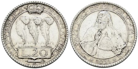 SAN MARINO. Vecchia monetazione (1864-1938). 20 lire 1931. Ag; 15gr; Gig.2; BB/SPL