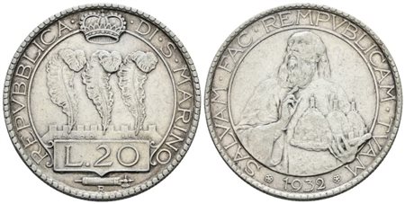 SAN MARINO. Vecchia monetazione (1864-1938). 20 lire 1932. Ag; 15gr; Gig.3; BB+