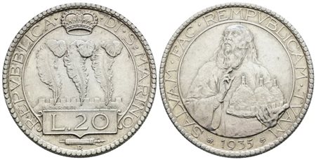 SAN MARINO. Vecchia monetazione (1864-1938). 20 lire 1935. Ag; 15gr; Gig.10; SPL