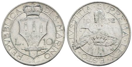 SAN MARINO. Vecchia monetazione (1864-1938). 10 lire 1932. Ag; 10gr; Gig.11; BB/SPL