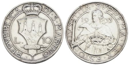 SAN MARINO. Vecchia monetazione (1864-1938). 10 lire 1933. Ag; 10gr; Gig.12; BB/SPL