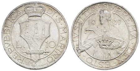 SAN MARINO. Vecchia monetazione (1864-1938). 10 lire 1937. Ag; 10gr; Gig.15; SPL/FDC