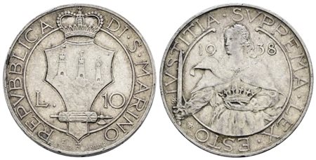 SAN MARINO. Vecchia monetazione (1864-1938). 10 lire 1938. Ag; 10gr; Gig.16; Raro; BB/SPL