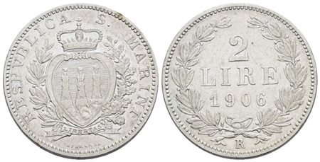 SAN MARINO. Vecchia monetazione (1864-1938) 2 lire 1906. Ag; 10gr; Gig.26; Raro; BB/SPL