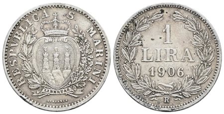 SAN MARINO. Vecchia monetazione (1864-1938) 1 lira 1906. Ag; 5gr; Gig.28; BB/SPL
