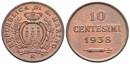 SAN MARINO. Vecchia monetazione (1864-1938). 10 centesimi 1938. Cu; 5,4gr; Gig.36; FDC rame rosso